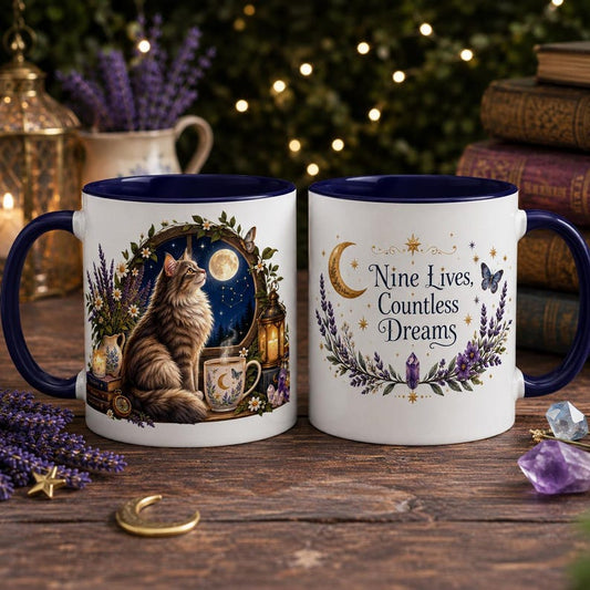 Celestial Cat Mug, Nine Lives Countless Dreams, Moon Stars, Navy Blue Ceramic Coffee Cup