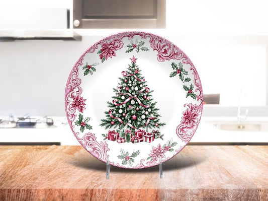 Elegant and Chic Decorative Christmas Plate, Vintage Tree Decor with Pink Toile Rim, Holiday Housewarming Gift & Room Accent