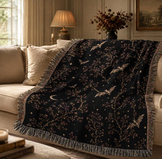Gothic Woven Blanket Bat Tapestry Throw Celestial Moon Blanket Dark Floral Decor Halloween Blanket Victorian Gothic Home Decor