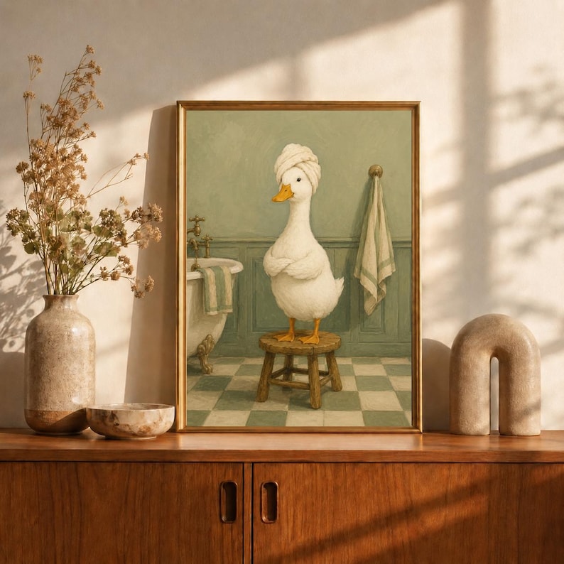 Funny Bathroom Duck Wall Art, Duck in Towel Turban Print, Sage Green Bath Art, Vintage Powder Room Decor, Spa Duck Poster, Funny Bath Gift