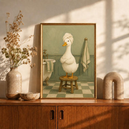 Funny Bathroom Duck Wall Art, Duck in Towel Turban Print, Sage Green Bath Art, Vintage Powder Room Decor, Spa Duck Poster, Funny Bath Gift