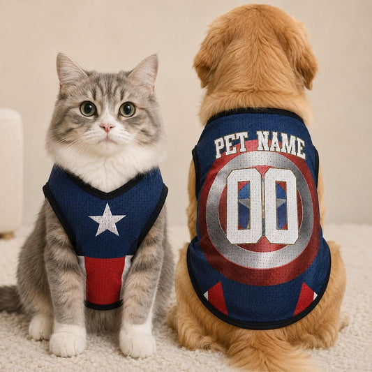 Custom Pet Superhero Jersey, Personalized Outfit for Dogs Cats, Inspired Captain America Pet Mess Jersey Name Number Sportswear Pet Jersey