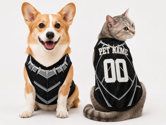 Custom Pet Superhero Jersey, Personalized Outfit for Dogs Cats, Inspired Black Panther Pet Mess Jersey Name Number Sportswear Pet Jersey