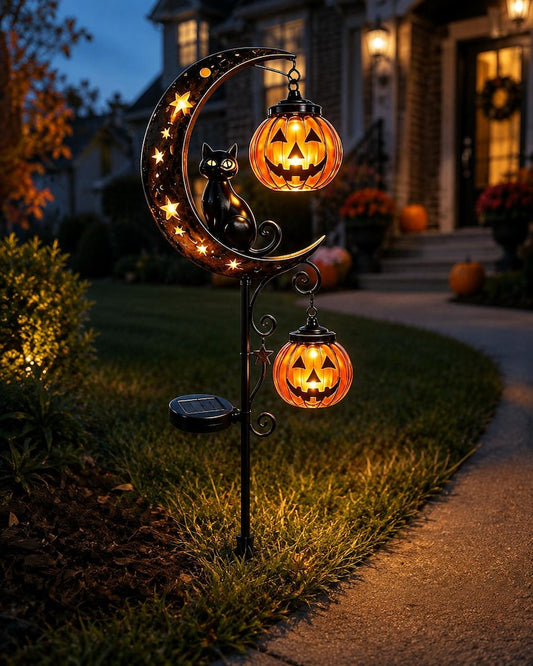 Solar Halloween Black Cat & Pumpkin Path Lights, Outdoor Moon Landscape Stakes, Spooky Garden Yard Decor