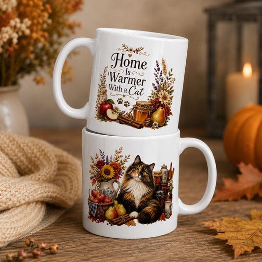 Autumn Calico Cat Mug, Cottagecore Harvest Ceramic Coffee Cup, Fall Botanical Design