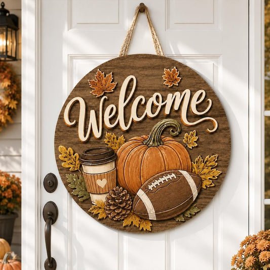 Fall Football Wood Sign, Pumpkin Welcome Door Hanger, Rustic Autumn Front Door Decor, Farmhouse Football Wreath, Thanksgiving Porch Decor