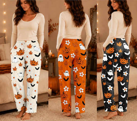 Ghost Pumpkin Halloween Pajama Pants, Women's Wide Leg Pajama Pants, Cute Spooky Lounge Pants, Halloween Gift for Her, Fall Sleepwear