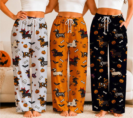 Halloween Dachshund Pajama Pants, Wiener Dog Halloween PJs, Spooky Dog Wide Leg Lounge Pants, Pumpkin Sausage Dog Pajamas, Dog Mom Gift