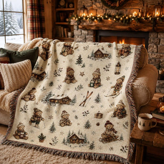 Christmas Teddy Bear Woven Blanket Cozy Winter Cabin Throw Rustic Lodge Decor Vintage Christmas Gift Holiday Tapestry Blanket