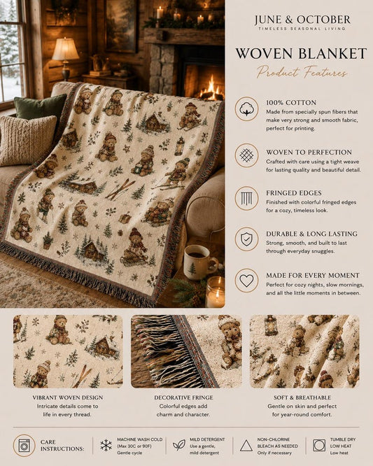 Christmas Teddy Bear Woven Blanket Cozy Winter Cabin Throw Rustic Lodge Decor Vintage Christmas Gift Holiday Tapestry Blanket