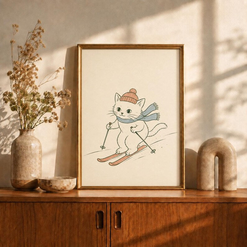 Skiing Kitten Poster, Cat on Skis Print, Cozy Winter Nursery Wall Art, Cute Kids Cabin Decor, Retro Ski Lodge Print, Baby Shower Gift