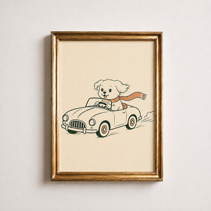 Puppy Driving Car Poster, Dog in Vintage Car Print, Retro Nursery Wall Art, Cute Kids Playroom Decor, Fun Car Print, Baby Shower Gift