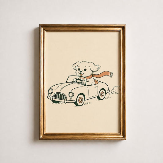 Puppy Driving Car Poster, Dog in Vintage Car Print, Retro Nursery Wall Art, Cute Kids Playroom Decor, Fun Car Print, Baby Shower Gift
