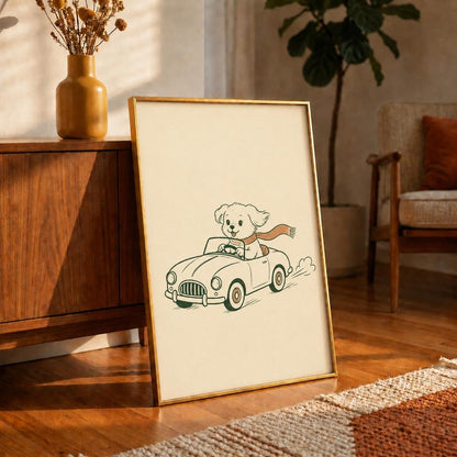 Puppy Driving Car Poster, Dog in Vintage Car Print, Retro Nursery Wall Art, Cute Kids Playroom Decor, Fun Car Print, Baby Shower Gift