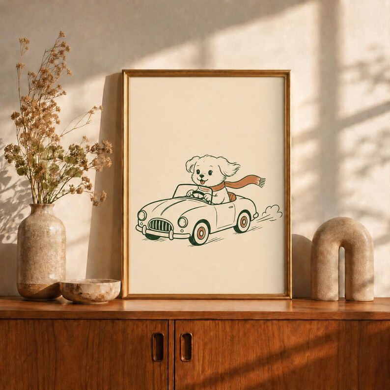 Puppy Driving Car Poster, Dog in Vintage Car Print, Retro Nursery Wall Art, Cute Kids Playroom Decor, Fun Car Print, Baby Shower Gift