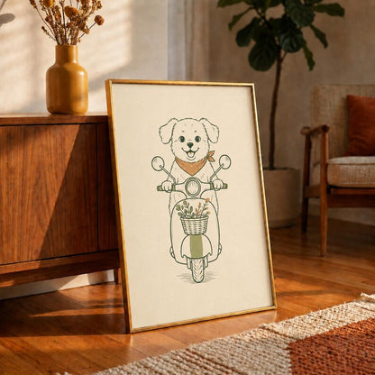 Puppy on Scooter Poster, Dog Riding Scooter Print, Sage Green Nursery Wall Art, Cute Kids Playroom Decor, Retro Boho Print, Baby Shower Gift