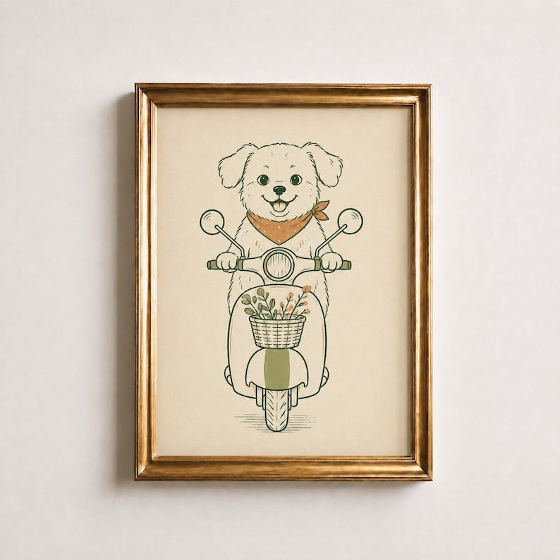 Puppy on Scooter Poster, Dog Riding Scooter Print, Sage Green Nursery Wall Art, Cute Kids Playroom Decor, Retro Boho Print, Baby Shower Gift