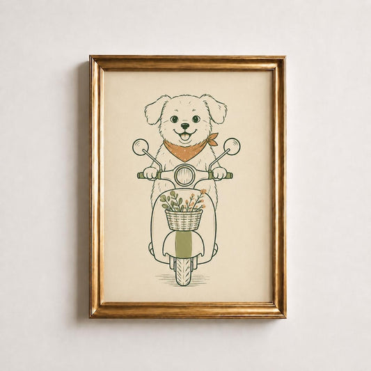 Puppy on Scooter Poster, Dog Riding Scooter Print, Sage Green Nursery Wall Art, Cute Kids Playroom Decor, Retro Boho Print, Baby Shower Gift