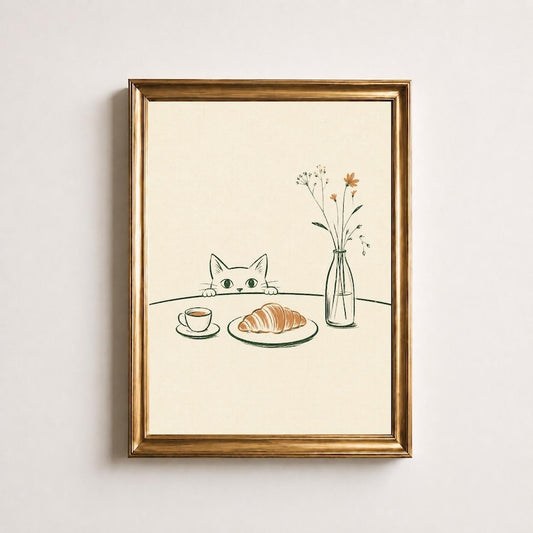 Cat Coffee Poster, Cat with Croissant Print, French Kitchen Wall Art, Coffee Bar Decor Print, Minimalist Cat Print, Cat Lover Gift