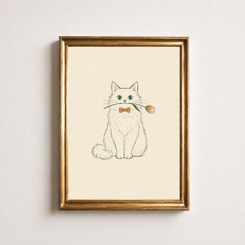 Cat with Tulip Poster, Cat Holding Flower Print, Whimsical Cat Wall Art, Cute Bow Tie Cat Decor, Cat Lover Print, Valentines Day Gift