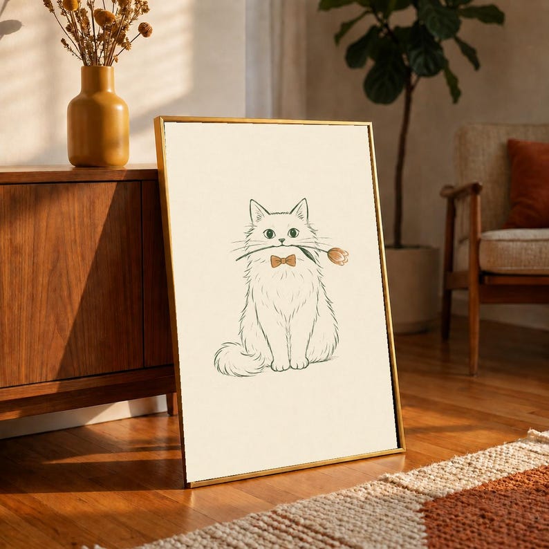 Cat with Tulip Poster, Cat Holding Flower Print, Whimsical Cat Wall Art, Cute Bow Tie Cat Decor, Cat Lover Print, Valentines Day Gift