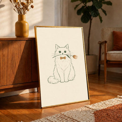 Cat with Tulip Poster, Cat Holding Flower Print, Whimsical Cat Wall Art, Cute Bow Tie Cat Decor, Cat Lover Print, Valentines Day Gift