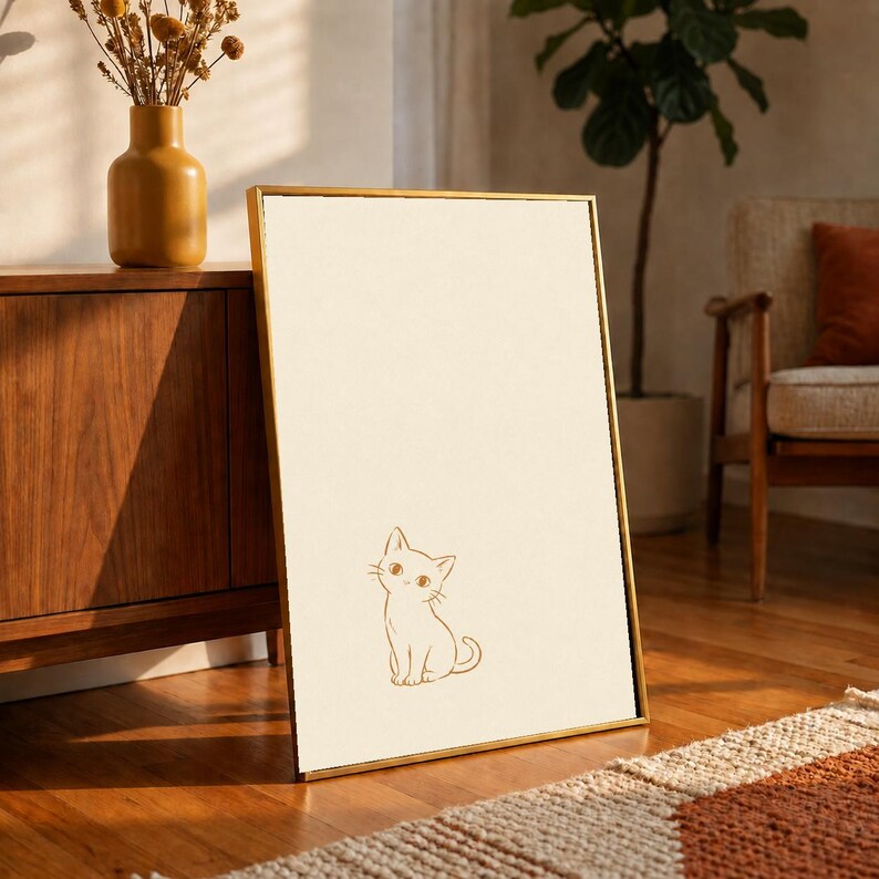 Minimalist Cat Poster, Cat Line Art Print, Boho Kitten Wall Art, Terracotta Nursery Decor, Cute Cat Line Drawing Print, Cat Lover Gift