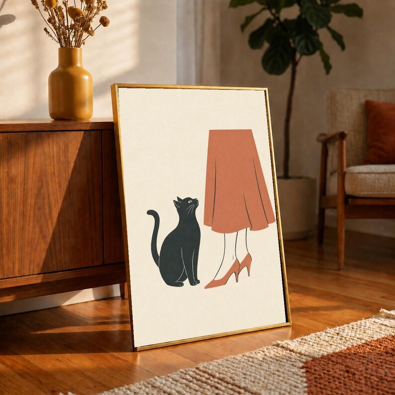 Black Cat Poster, Cat and Woman Print, Mid Century Modern Wall Art, Retro Fashion Decor Print, Terracotta Cat Wall Art, Cat Lover Gift