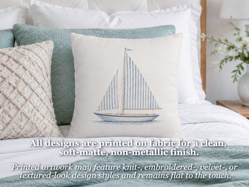 Striped Sailboat Pillow Cover, Nautical Throw Pillowcase, Coastal Cottage Sailing Home Decor, Beach House Accent, Lake House Cushion Case