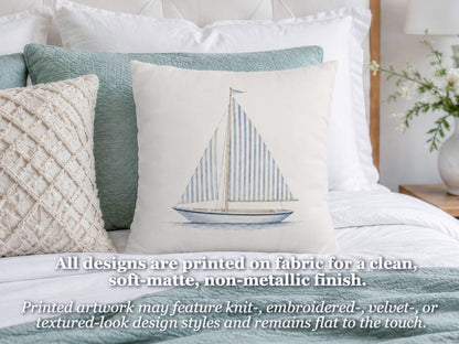 Striped Sailboat Pillow Cover, Nautical Throw Pillowcase, Coastal Cottage Sailing Home Decor, Beach House Accent, Lake House Cushion Case