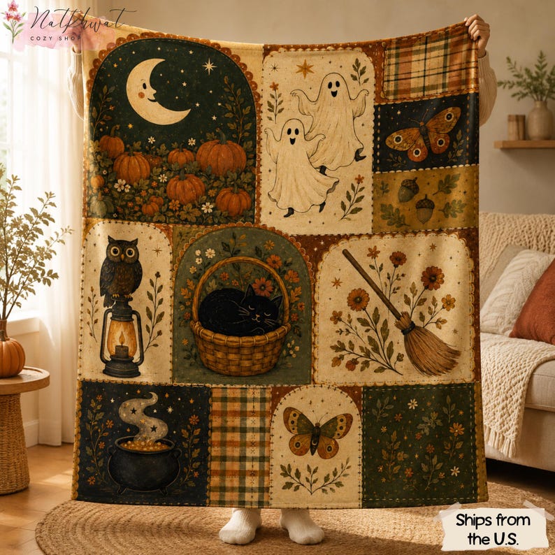 Vintage Halloween Flannel Blanket, Ghost Pumpkin Black Cat Throw, Owl Witchy Fall Decor, Cottagecore Autumn Blanket, Spooky Halloween Gift