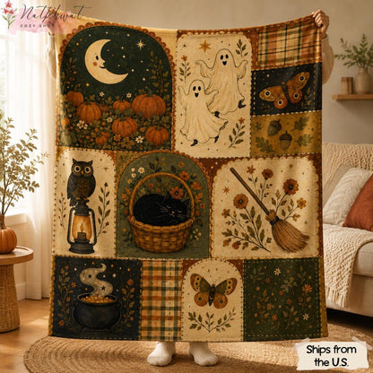 Vintage Halloween Flannel Blanket, Ghost Pumpkin Black Cat Throw, Owl Witchy Fall Decor, Cottagecore Autumn Blanket, Spooky Halloween Gift