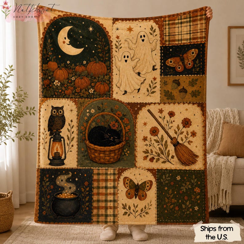 Vintage Halloween Flannel Blanket, Ghost Pumpkin Black Cat Throw, Owl Witchy Fall Decor, Cottagecore Autumn Blanket, Spooky Halloween Gift