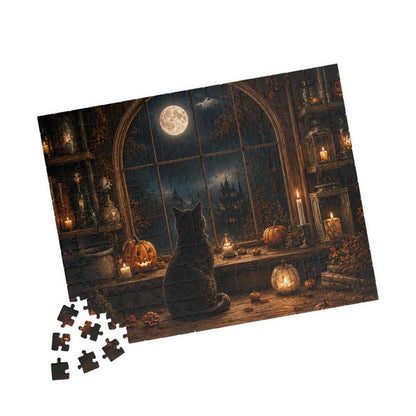 Black Cat Halloween Puzzle Cozy Fall Puzzle for Adults Gothic Halloween Decor Spooky Autumn Gift Cat Lover Jigsaw Puzzle
