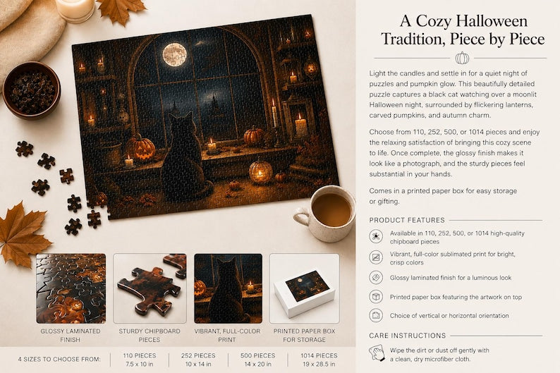 Black Cat Halloween Puzzle Cozy Fall Puzzle for Adults Gothic Halloween Decor Spooky Autumn Gift Cat Lover Jigsaw Puzzle