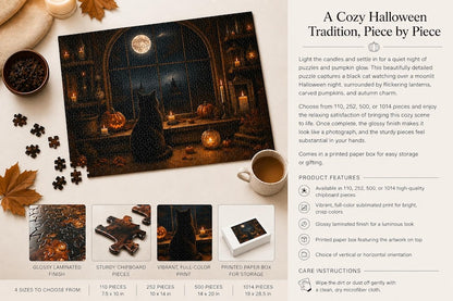 Black Cat Halloween Puzzle Cozy Fall Puzzle for Adults Gothic Halloween Decor Spooky Autumn Gift Cat Lover Jigsaw Puzzle