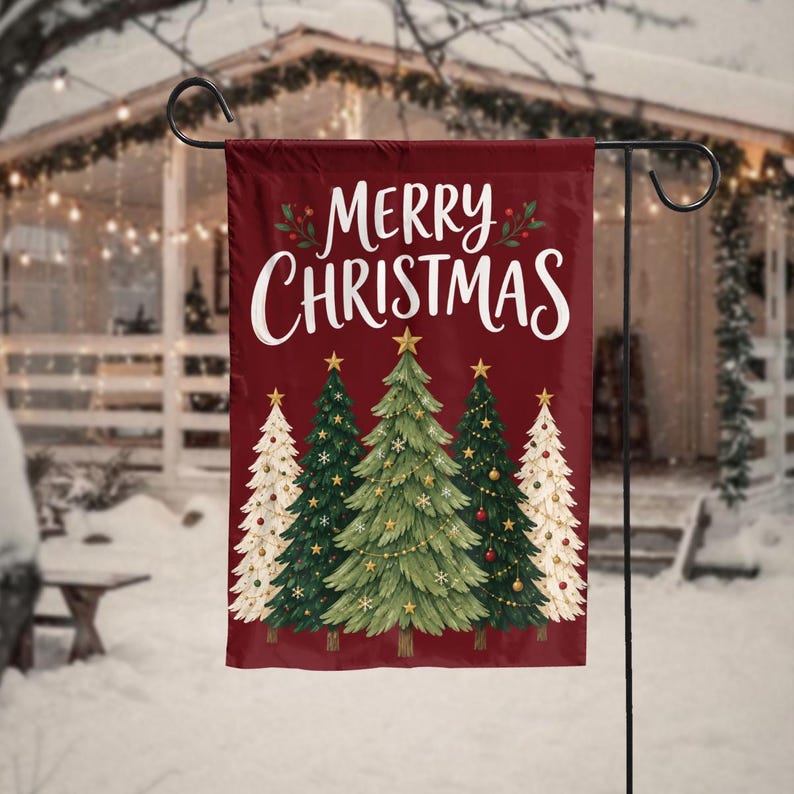 Merry Christmas Evergreen Tree Garden Flag, Winter Holiday Outdoor Decor