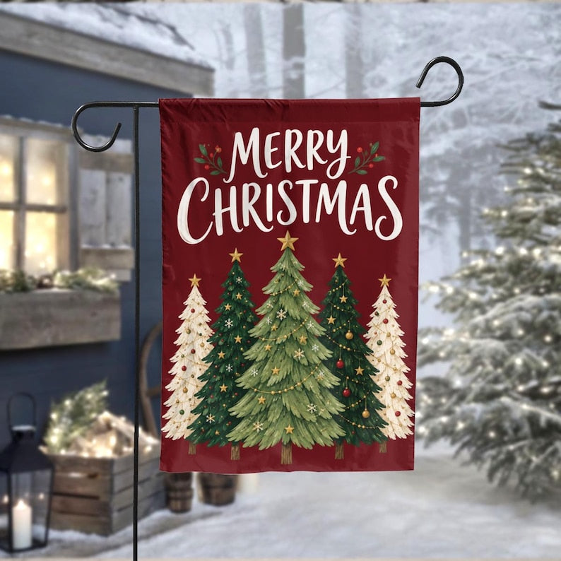 Merry Christmas Evergreen Tree Garden Flag, Winter Holiday Outdoor Decor
