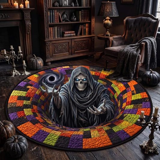 3D Skeleton Optical Illusion Rug, Spooky Grim Reaper Round Quilt Rug, Horror Halloween Floor Mat, Patchwork Gothic Room Carpet, Spooky Decor