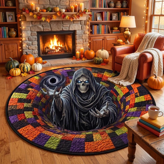 3D Skeleton Optical Illusion Rug, Spooky Grim Reaper Round Quilt Rug, Horror Halloween Floor Mat, Patchwork Gothic Room Carpet, Spooky Decor