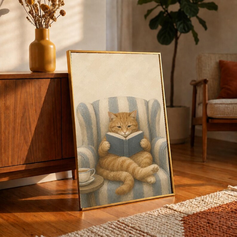 Ginger Cat Reading Poster, Tabby with Book in Armchair Print, Cozy Reading Nook Wall Art, Oil Painting Book Lover Decor, Cat Lover Gift