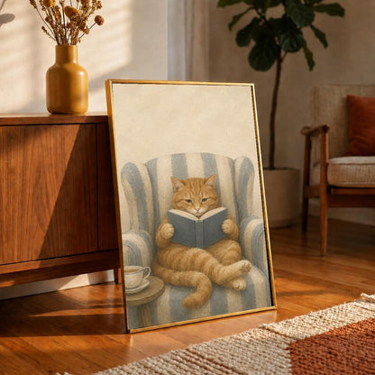 Ginger Cat Reading Poster, Tabby with Book in Armchair Print, Cozy Reading Nook Wall Art, Oil Painting Book Lover Decor, Cat Lover Gift
