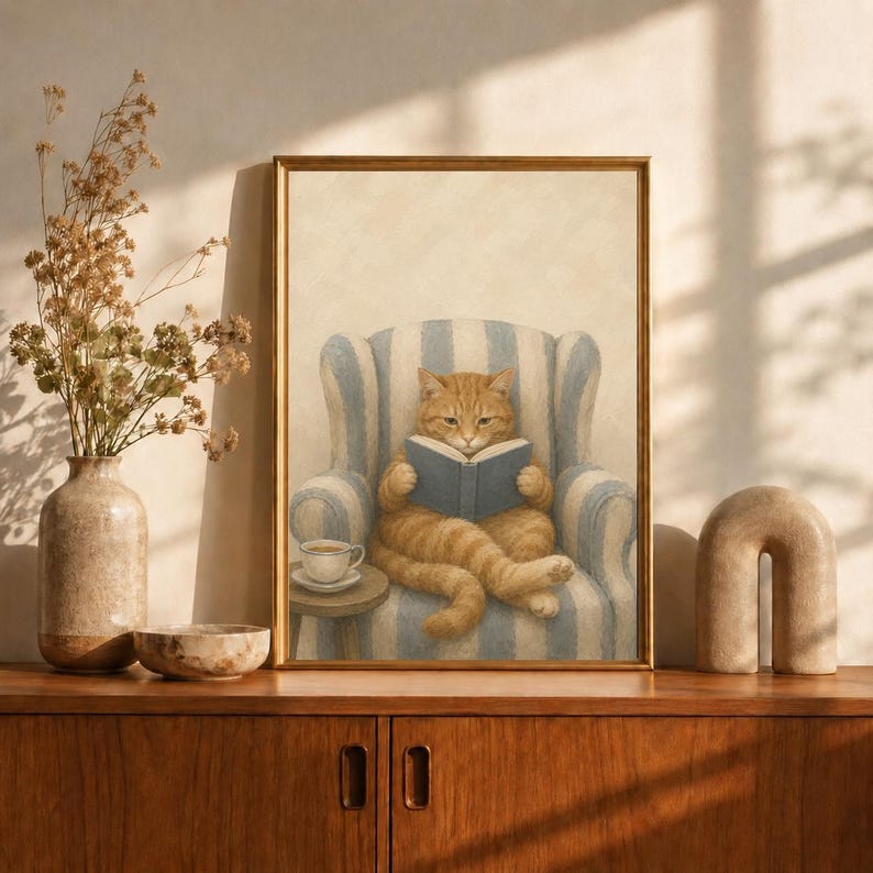 Ginger Cat Reading Poster, Tabby with Book in Armchair Print, Cozy Reading Nook Wall Art, Oil Painting Book Lover Decor, Cat Lover Gift