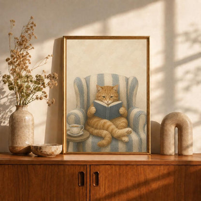 Ginger Cat Reading Poster, Tabby with Book in Armchair Print, Cozy Reading Nook Wall Art, Oil Painting Book Lover Decor, Cat Lover Gift