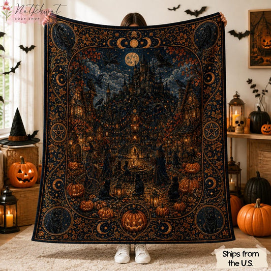 Halloween Gothic Blanket, Witchy Castle Flannel Throw, Black Cat Raven Pumpkin Moon Decor, Dark Academia Spooky Halloween Gift for Home
