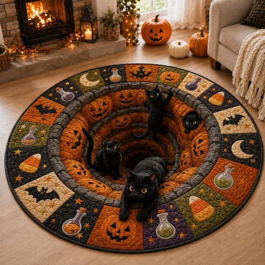 3D Halloween Black Cat Round Rug, Spooky Optical Illusion Carpet, Pumpkin Vortex Quilted Floor Mat, Witchy Fall Decor, Cat Lover Gift