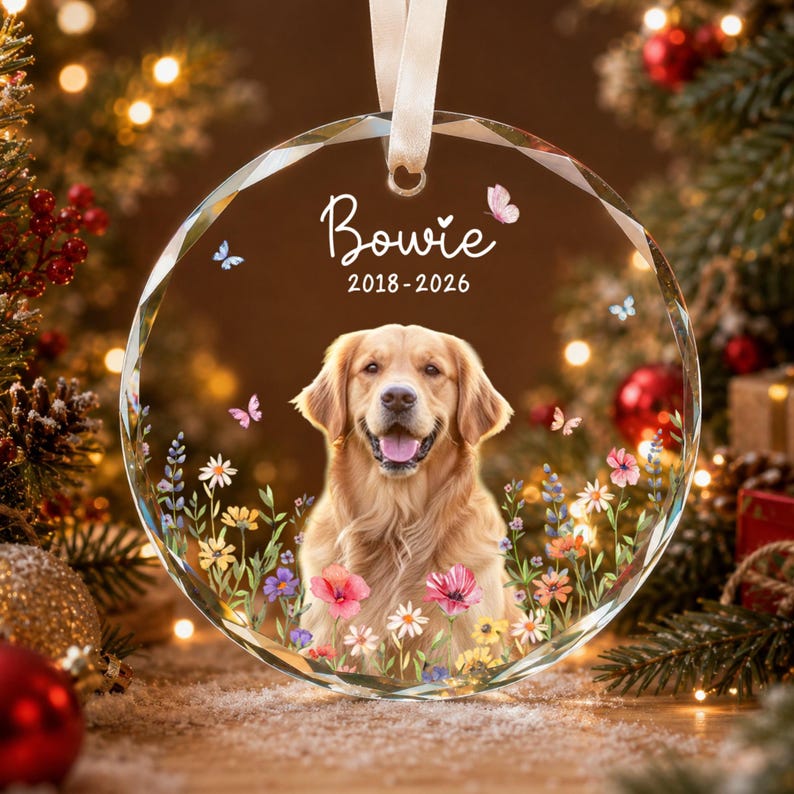 Personalized Dog Memorial Ornament with Photo, Dog Remembrance Keepsake, Glass Ornament