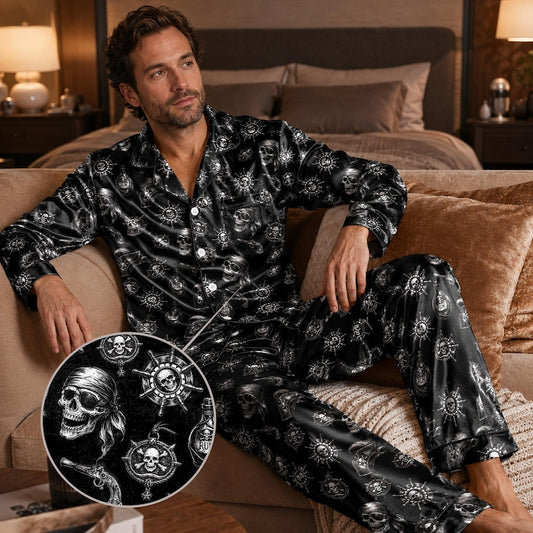 Cool Pirate Skull Pajama Set for Men, Black Satin PJs with Nautical Crossbones Print, Gothic Sleepwear with Pocket, Short & Long Sleeve