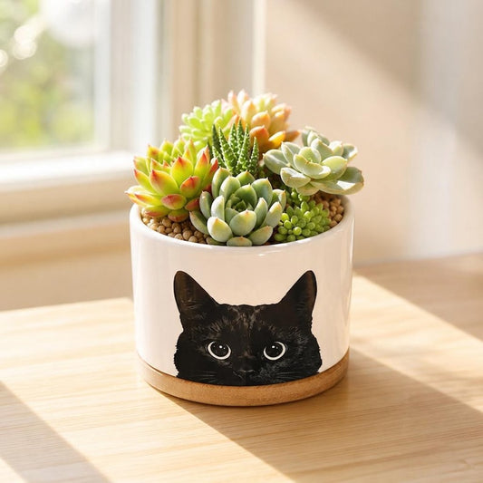 Black Cat Ceramic Plant Pot,Cute Kitty Face Planter,Oil Painting Cat Design,Minimalist Succulent Planter,Playful Home Decor,Cat Lover Gift