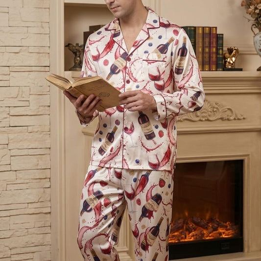 Silky Red Wine Pajama Set for Men, Alcohol Print PJs for Wine Lovers, Comfy Men's Sleepwear with Pocket, Short and Long Sleeve Pajamas